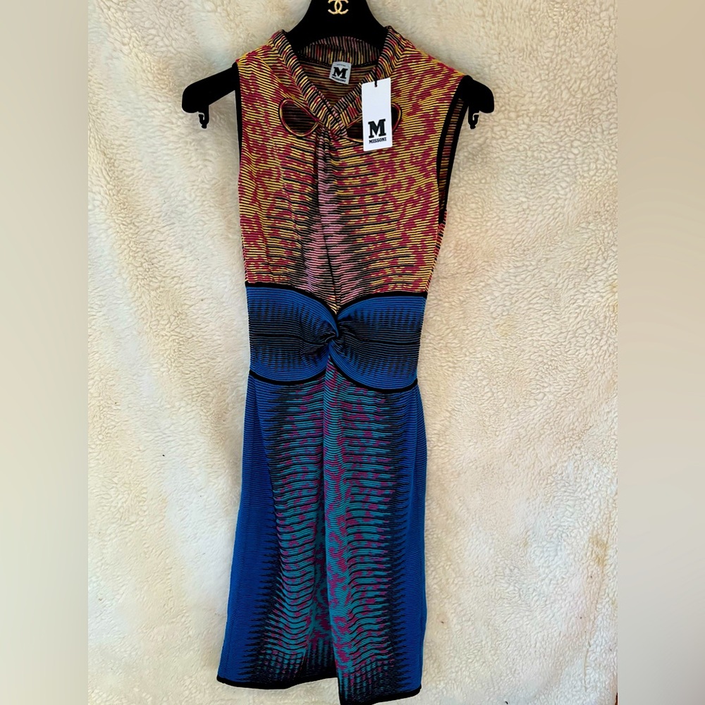 Missoni Knit Midi Fitted Dress Blue Multicolor Size 44